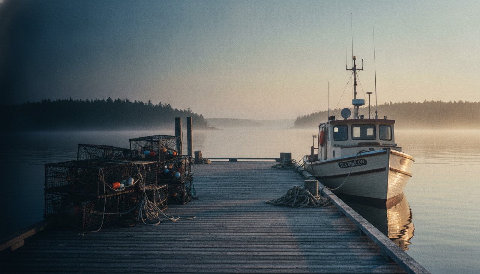 A Maine lobster boat at the co-op dock at dawn