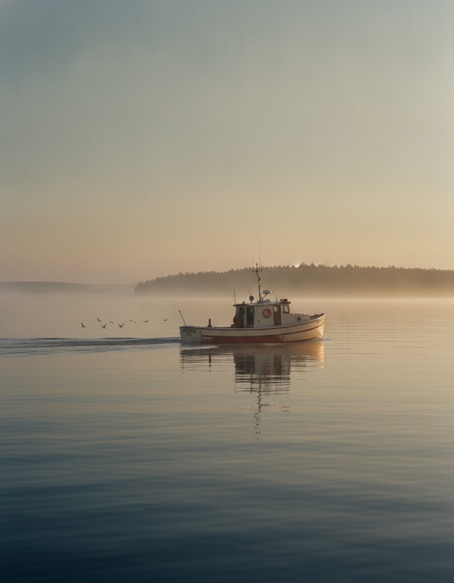 A single Maine lobster boat working offshore at sunrise