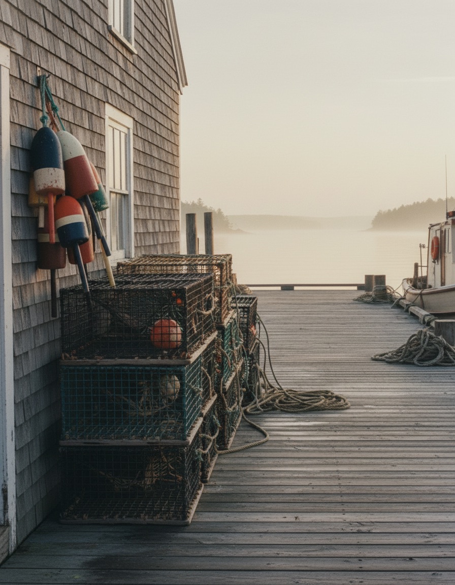 Stacked lobster traps and hand-painted buoys on a weathered Maine wharf at golden hour