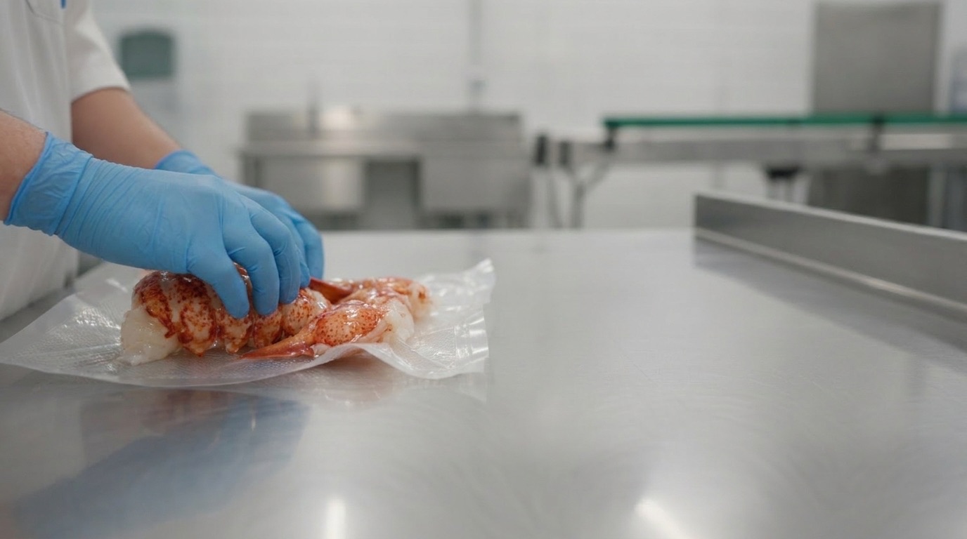 Lobster meat being vacuum-packed on the processing floor